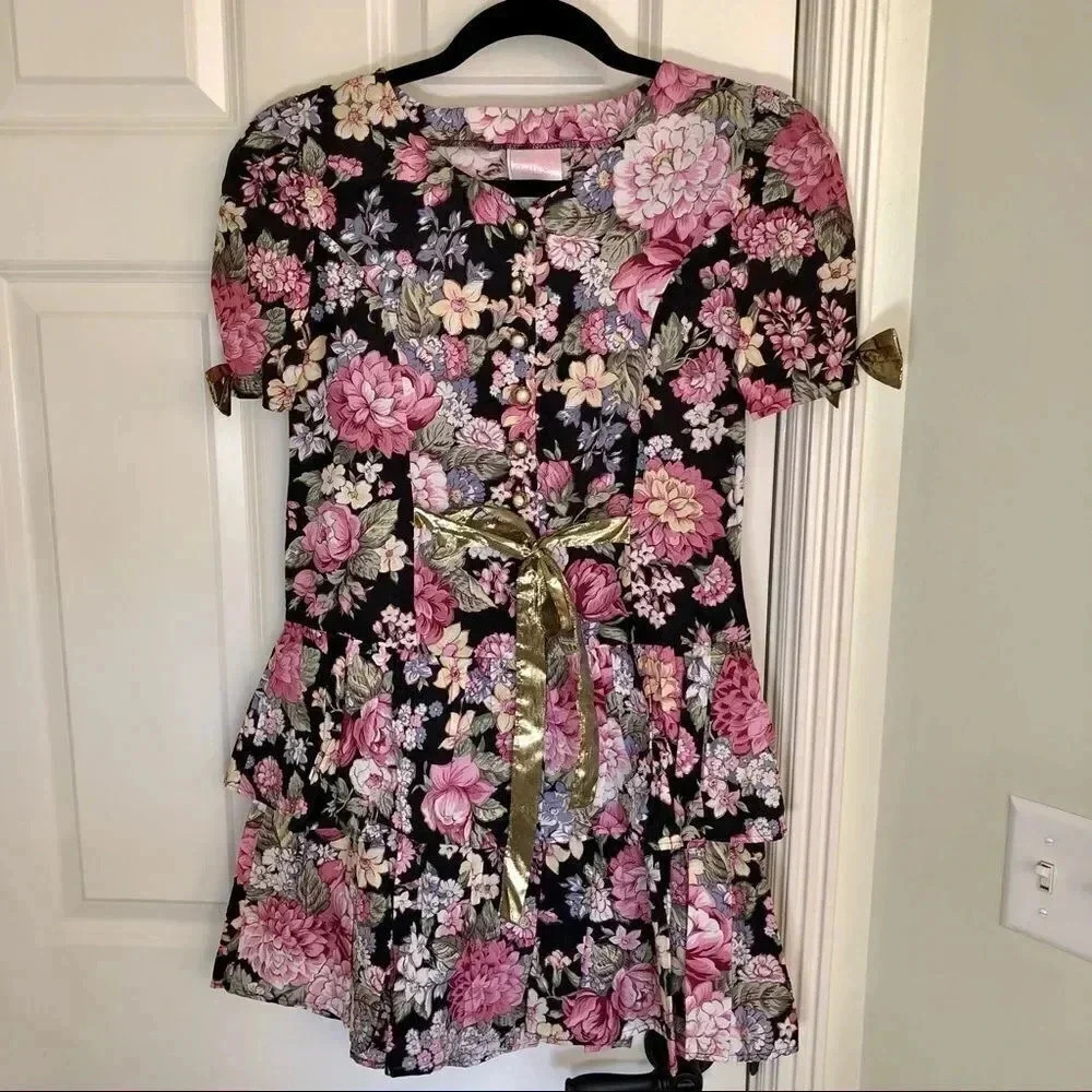 Rose Cottage true Vintage MCM granny Liberty floral & gold girls dress 14